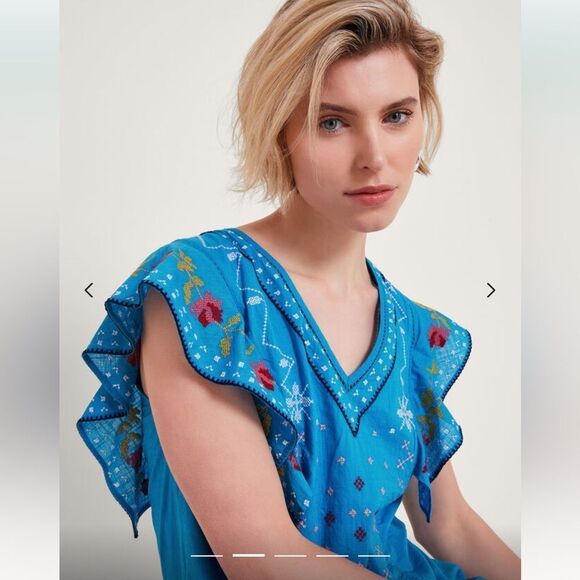 Monsoon Prue Embroidered Mini Dress  Blue Lined 100% Cotton Ruffle Sz Small - Picture 3 of 15